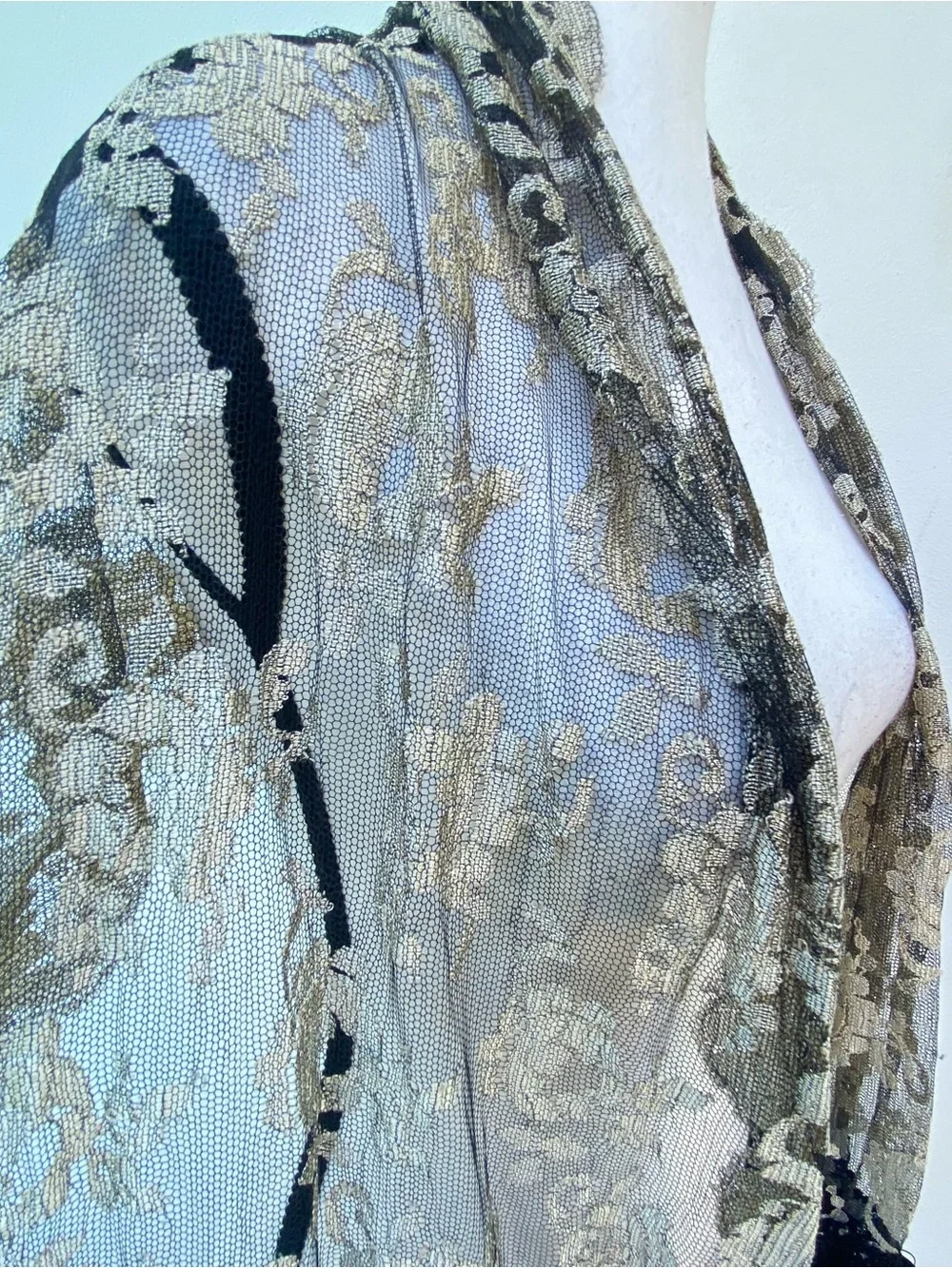 Vintage Gold Lace & Black Mesh Fringe Scarf